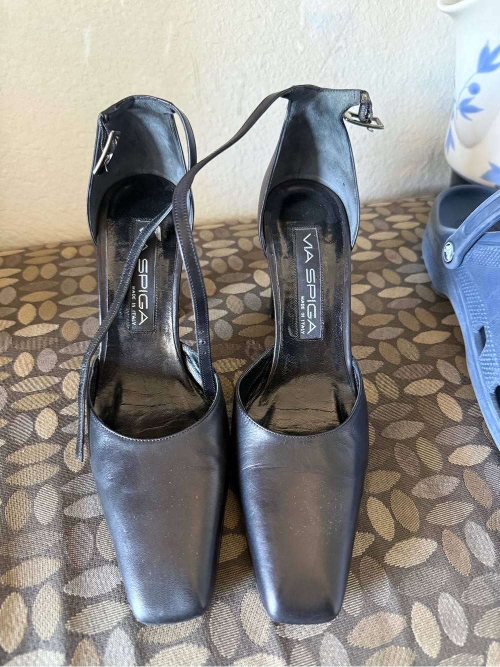 Via Spiga Black Square-Toe Ankle-Strap Pumps